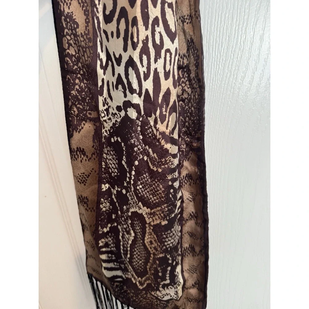 Adrienne Landau Animal Print‎ Rectangular Silk Scarf Fringe Velvet Back